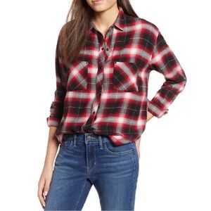 RAILS Leo Carmine Red Black Plaid Flannel Button Frayed Bottom